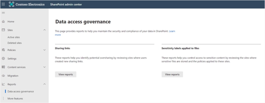 Data access governance reports for SharePoint sites