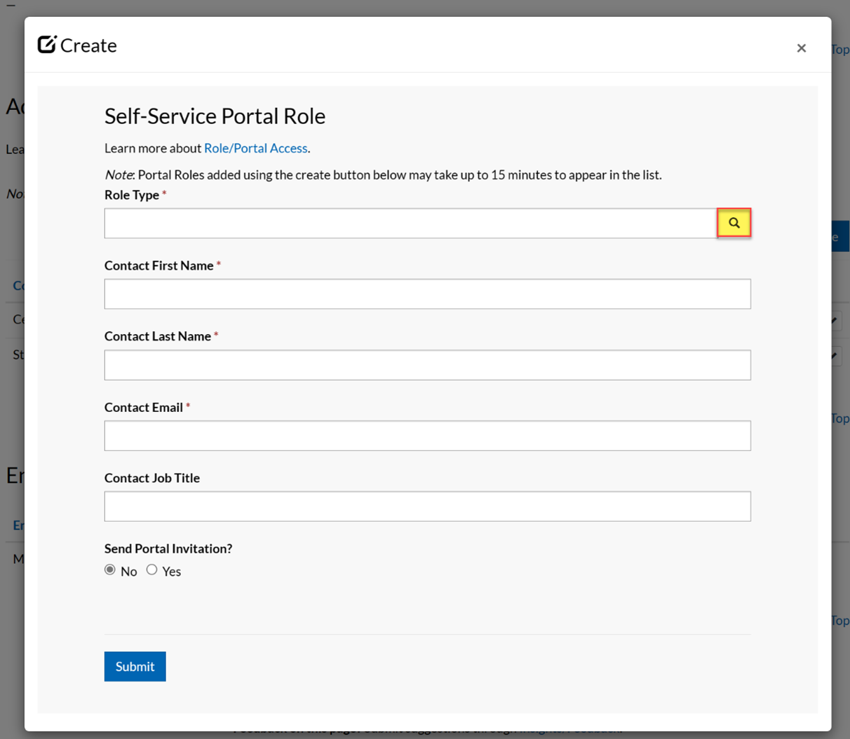 Self-Service Portal Role Create form, lookup field under Role Type