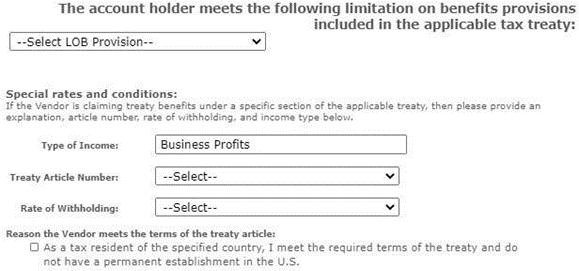 Tax Treaty Benefits tab continued, account holder questions