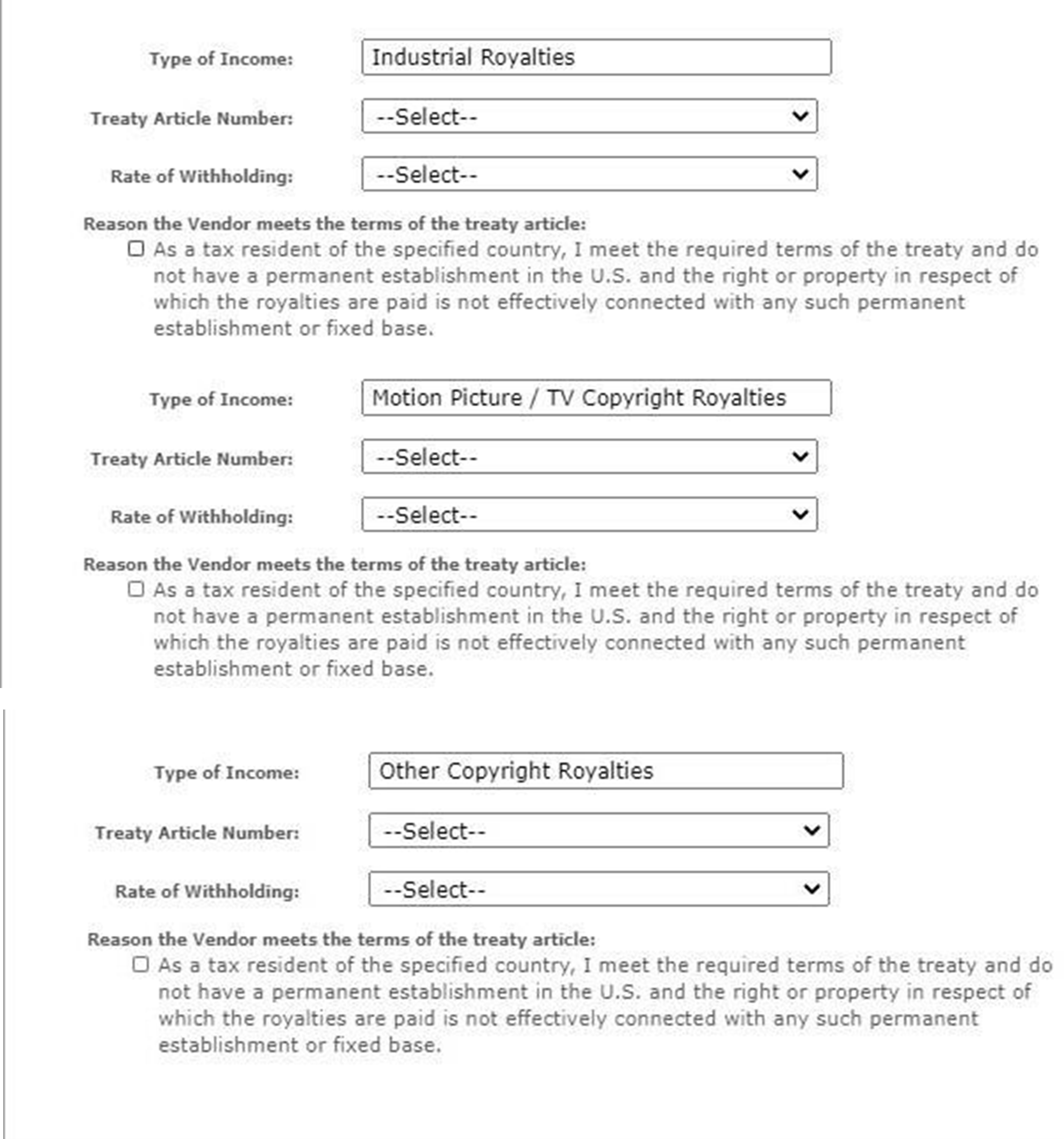 Tax Treaty Benefits tab continued, account holder questions continued