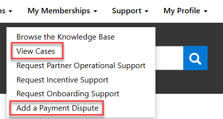 View Cases and Add a Payment Dispute menu options