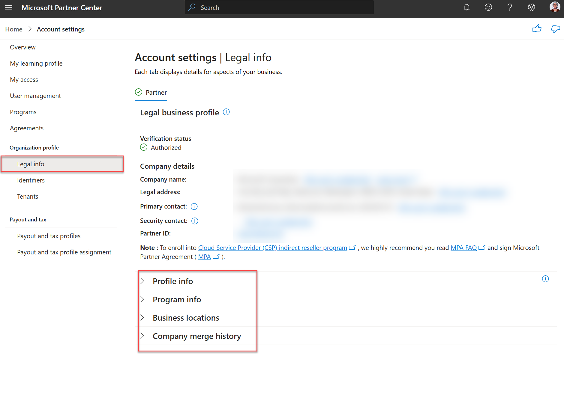Partner Center Partner Profile Info