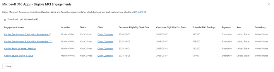 Screen shot of MCI Eligible engagements 