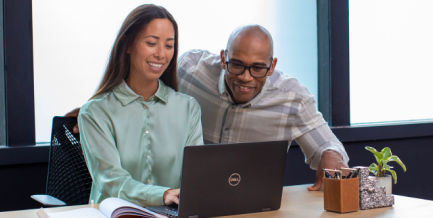 Two Happy Colleagues Working On A Laptop, Graphic